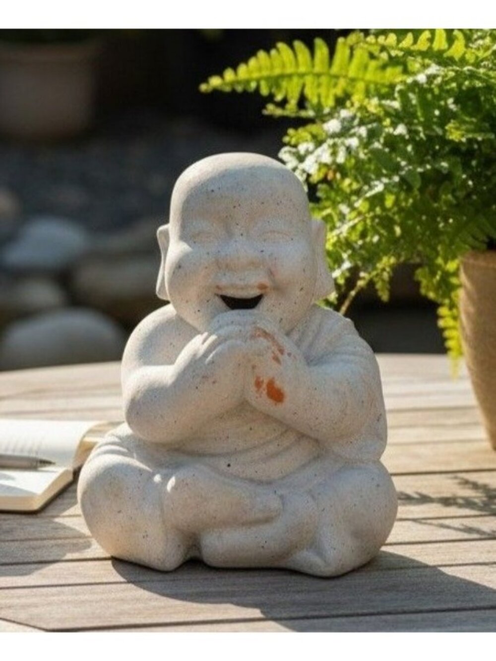 Vtg White Speckled Sitting Buddha Garden Statue Resin Outdoor Lawn Decor 12"